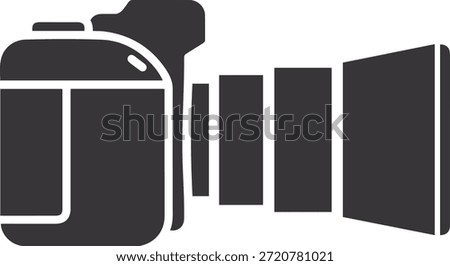 Dark gray silhouette of a digital camera with a lens against a white background symbol equipment