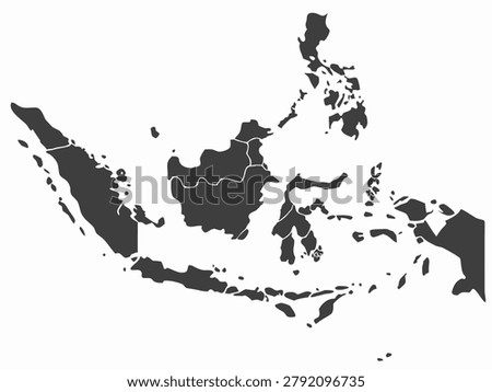 A dark gray silhouette of the Indonesian archipelago is displayed against a white background. The map clearly outlines the major islands and internal provincial borders with thin white lines. The overall style is a clean, simplified representation of the country's geography.