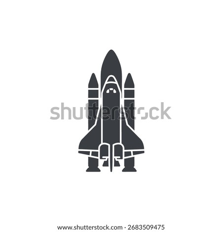 A dark gray silhouette of a space shuttle, front view, against a white background.