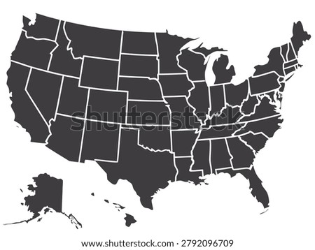 A dark gray silhouette of the United States, including Alaska and Hawaii, is displayed against a white background. The internal white lines clearly delineate the borders of each state. The overall presentation is a clean, representation of the country's political geography.