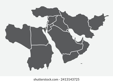 Mapa político en blanco oscuro gris y simple CMYK del Medio Oriente con gruesos bordes blancos de países con fondo azul claro usando proyección ortográfica