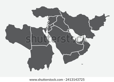 Dark gray simple CMYK blank political map of the MIDDLE EAST with thick white national country borders on light blue background using orthographic projection