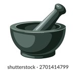 A dark gray stone mortar and pestle resting on a white background