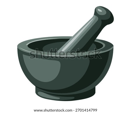 A dark gray stone mortar and pestle resting on a white background
