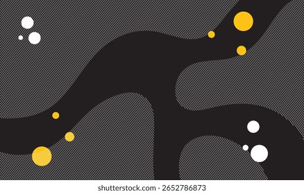 Dark gray textured background with small grid pattern overlaid by curving organic shapes and scattered white and yellow-orange circles, creating a modern, abstract, spatial visual effect
