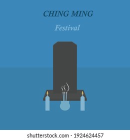 dark gray tombstone with red candles and incense on blue background with letters that say ching ming festival
