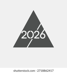 Un triángulo gris oscuro con líneas blancas y el número 2026 en blanco.