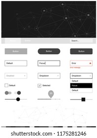 Dark Gray vector design ui kit with mosaic, circles. Web ui kit with abstract triangles, circles in its header. This template you can use for landing pages.