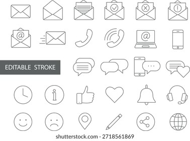 Iconos vectoriales de color gris oscuro sobre el tema de las comunicaciones, como correo, mensajes, chats, llamadas, notificaciones y otros.