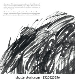 Dark gray vector ink watercolor hand painted texture background isolated on white. Abstract acrylic dry brush splash, strokes, stains, spots, blot, scribble, smudge. Black messy grunge drawn lines.