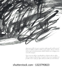 Dark gray vector ink watercolor hand painted texture background isolated on white. Abstract acrylic dry brush splash, strokes, stains, spots, blot, scribble, smudge. Black messy grunge drawn lines.