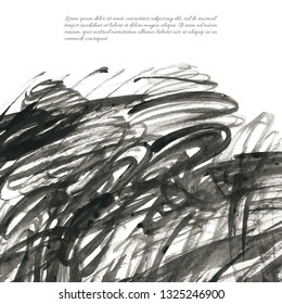 Dark gray vector ink watercolor hand painted texture background isolated on white. Abstract acrylic dry brush splash, strokes, stains, spots, blot, scribble, smudge. Black messy grunge drawn lines.