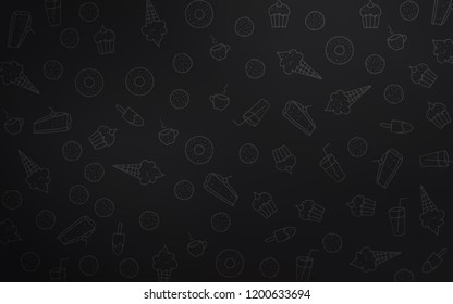Dark Gray vector layout with sweet desserts. Glitter abstract sketch with sweets, candies, desserts. Template of children's food in cafe.