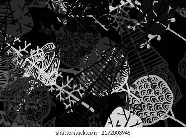 Obra de arte natural vectorial gris oscuro con árboles, ramas. Árboles en un fondo abstracto simple con gradiente. Diseño pintado a mano para la web, folletos.