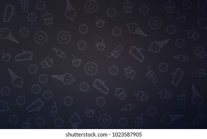 Dark Gray vector pattern with delicious cookies. Glitter abstract sketch with sweets, candies, desserts. Doodle design for your business advert of cafes.