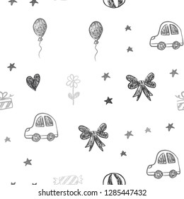 Dark Gray vector seamless backdrop with holiday gifts. Design in xmas style with a toy car, heart, baloon, tulip, candy, ball. Pattern for birthday gifts.