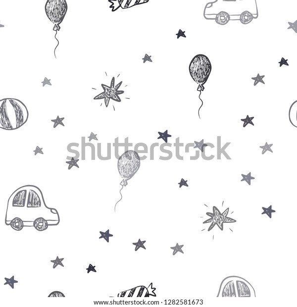 Dark Gray vector seamless backdrop in\
holiday style. Illustration with a colorful toy car, baloon, candy,\
star, ball. Design for colorful\
commercials.