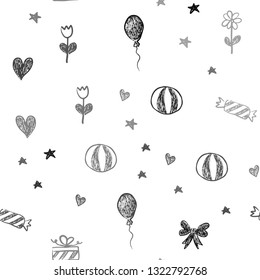 Dark Gray vector seamless background in xmas style. Shining illustration with a heart, balloon, candy, gift, star, ribbon. Pattern for carnival, festival ads.
