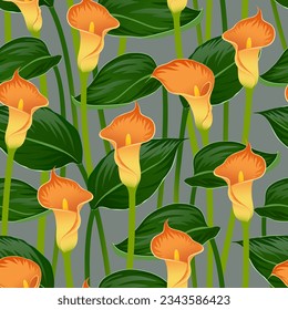 DARK GRAY VECTOR SEAMLESS BACKGROUND WITH BLOOMING ORANGE CALLA LILIES