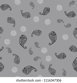 Dark Gray vector seamless elegant pattern with leaves and flowers. Glitter abstract illustration with leaves and flowers. Hand painted design for web, wrapping.