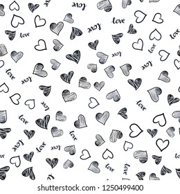 Dark Gray vector seamless pattern with phrase LOVE YOU, hearts. Design in doodle style with text LOVE YOU, hearts. Design for wallpaper, fabric makers.