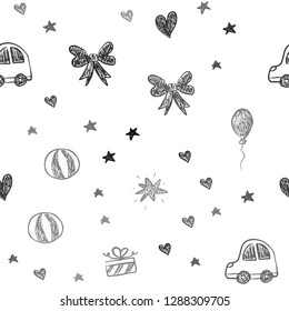 Dark Gray vector seamless texture with birthday gifts. Design in xmas style with a toy car, heart, baloon, tulip, candy, ball. Template for new year postcards.