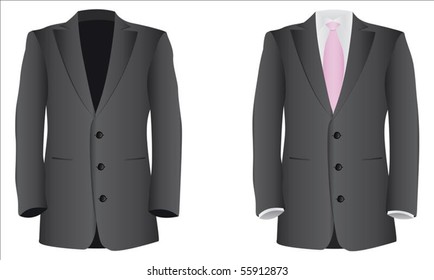 A dark gray vector suit and a suit with a white shirt and pink tie.