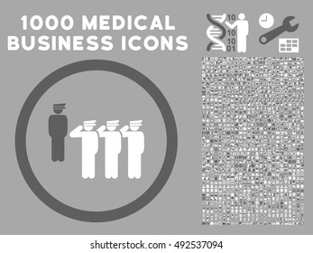 Dark Gray And White Army Squad vector bicolor rounded icon. Image style is a flat icon symbol inside a circle, silver background. Bonus set includes 1000 medicine business design elements.