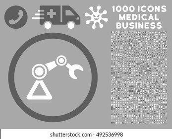 Dark Gray And White Artificial Manipulator vector bicolor rounded icon. Image style is a flat icon symbol inside a circle, silver background. Bonus clip art is 1000 medical business symbols.