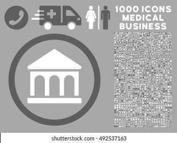 Dark Gray And White Bank Building vector bicolor rounded icon. Image style is a flat icon symbol inside a circle, silver background. Bonus clipart has 1000 health care business pictographs.