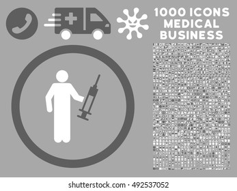 Dark Gray And White Drug Dealer vector bicolor rounded icon. Image style is a flat icon symbol inside a circle, silver background. Bonus set includes 1000 health care business pictograms.