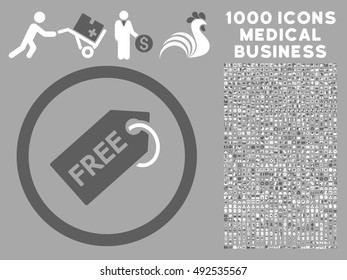 Dark Gray And White Free Tag vector bicolor rounded icon. Image style is a flat icon symbol inside a circle, silver background. Bonus clipart has 1000 health care business design elements.