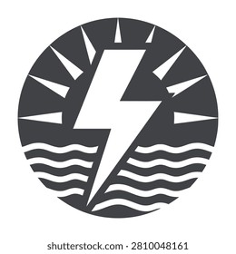 Dark gray and white illustration of a lightning bolt over wavy ocean water with sun rays