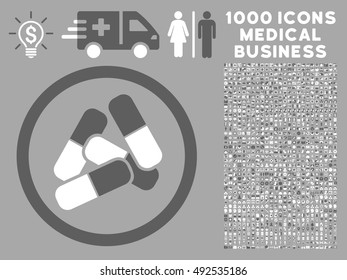 Dark Gray And White Pills vector bicolor rounded icon. Image style is a flat icon symbol inside a circle, silver background. Bonus clip art contains 1000 medicine business elements.