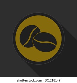 dark gray and yellow icon - coffee beans on circle with long shadow