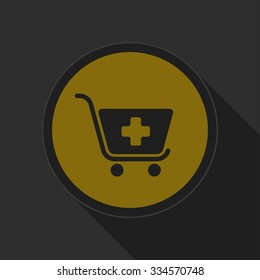 dark gray and yellow icon - shopping cart plus on circle with long shadow