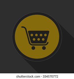 dark gray and yellow icon - shopping cart on circle with long shadow