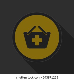 dark gray and yellow icon - shopping basket plus on circle with long shadow
