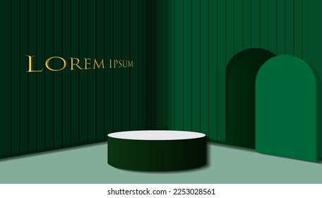 Fondo 3D verde oscuro con podio peatonal en las salas de esquina. Iluminación de ventanas y superposición de sombra. Muestra de productos de simulación de escena mínima abstracta vectora, escaparate de escenario.