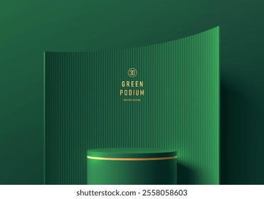 Dark green 3D cylindrical podium background with curve backdrop. Studio wall scene. Minimalist mockup pedestal. Abstract stand product display presentation. Stage for showcase. Vector platform design.