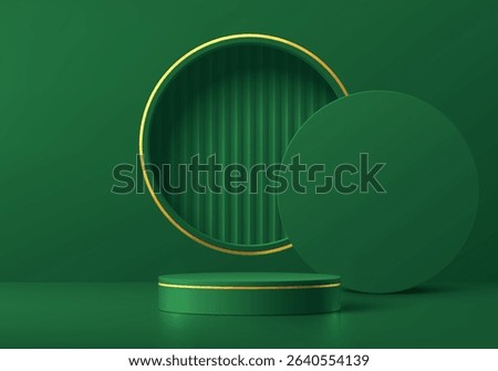 Dark green 3D cylindrical podium background with circle window on the wall scene. Minimalist mockup pedestal. Abstract stand product studio display presentation. Stage showcase. Vector platform design