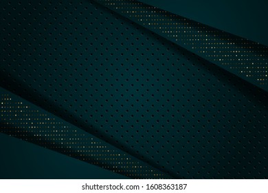 Dark green abstract background with black overlap layers. Texture with golden glitters dots element decoration.