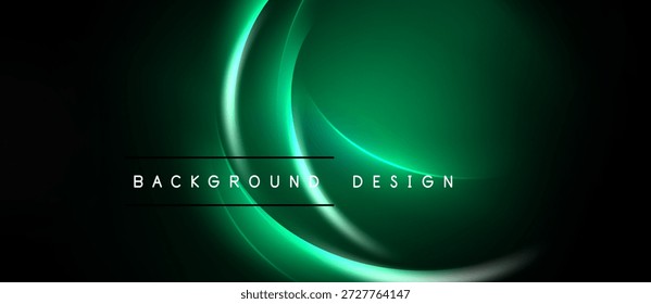 El fondo abstracto verde oscuro presenta líneas curvas brillantes. El texto lee el diseño de fondo debajo del elemento de luz central. Estética sencilla y moderna.