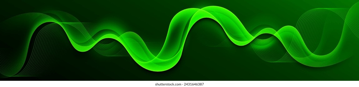 Dark green abstract background with glowing neon green flowing wave. Dynamic wave. Modern shiny wavy lines. Fluid gradient. Futuristic design. Suit for cover, header, wallpaper, website