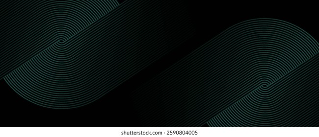Dark green abstract background with glowing circle lines. Geometric stripe line art design. Modern shiny blue diagonal rounded lines pattern. Futuristic technology concept.