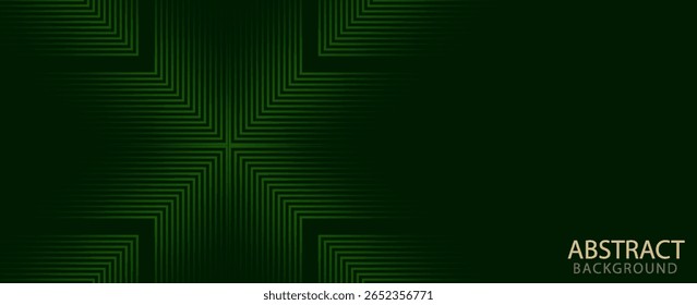 Fundo abstrato verde escuro com linhas de seta brilhantes. Design moderno de linhas geométricas verdes brilhantes. Conceito futurista da tecnologia. Modelo de banner horizontal. vetor Eps 10