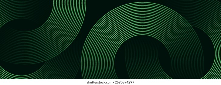 Dark green abstract background with glowing green circle lines. Modern curved line background concept for banners, covers, posters, websites, presentations, brochures, flyers and headers.