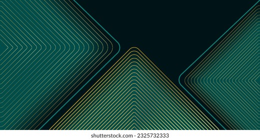 Dark green abstract background with gold lines and shadow. Geometric shape overlap layers. Transparent squares. Modern luxury rounded squares graphic pattern banner template design