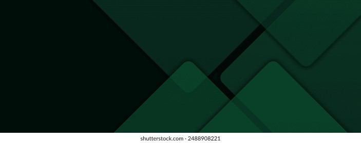 Dark green abstract background with gold lines and shadow. Geometric shape overlap layers. Transparent squares. Modern luxury rounded squares graphic pattern banner template design