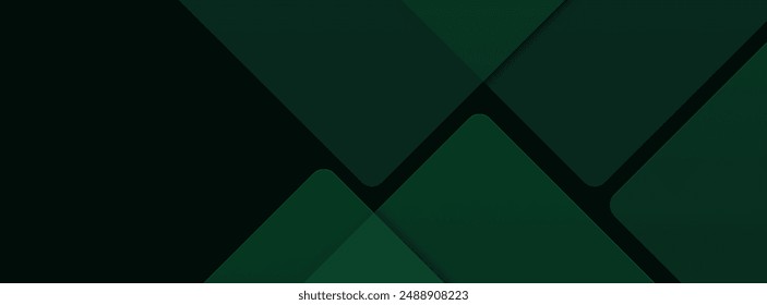 Dark green abstract background with gold lines and shadow. Geometric shape overlap layers. Transparent squares. Modern luxury rounded squares graphic pattern banner template design
